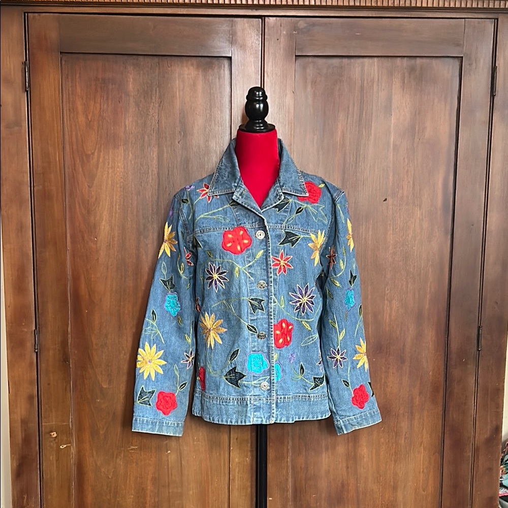Chico's Blue and Red Embroidered Denim Jacket M/L